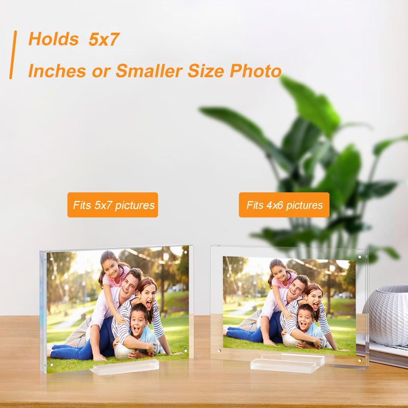 laapee 5x7 Magentic Acrylic Picture Frame, Clear Double Sided Frame with Base, Frameless Floating Lucite Photo Frame Stands on Desk Table Horizontally or Vertically - Image 3